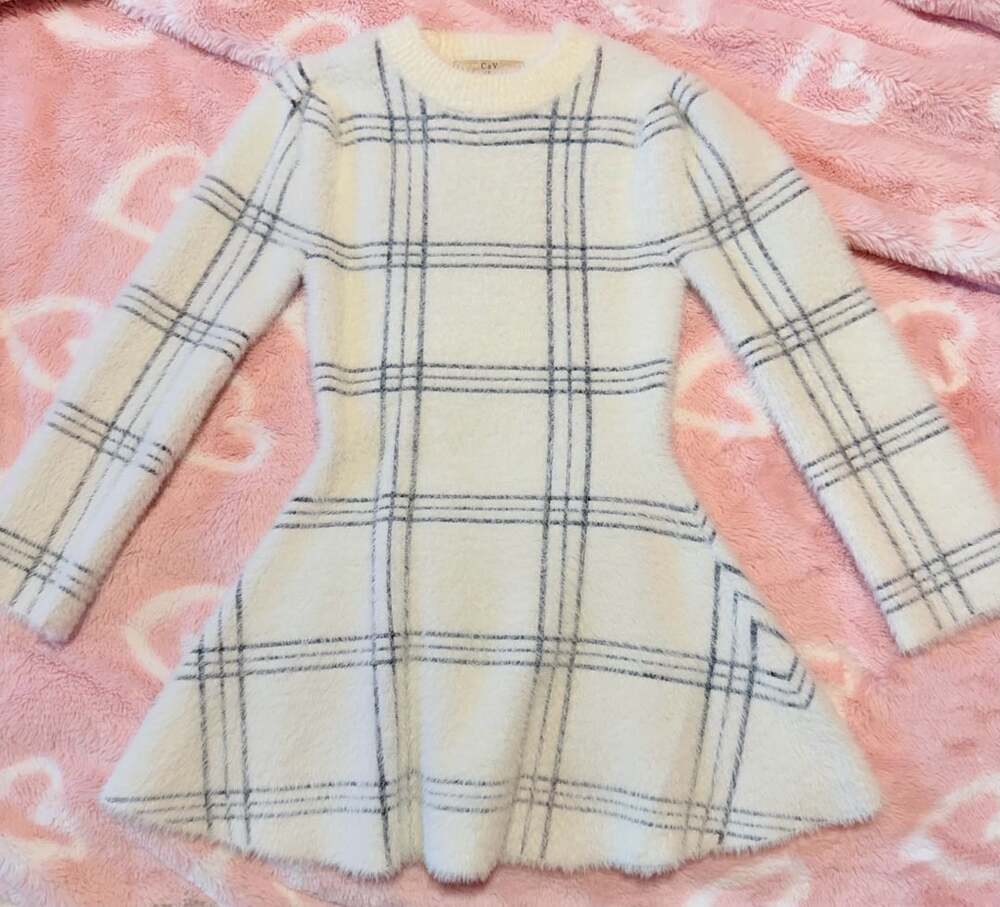 C&V White and Black Plaid Fuzzy Knit Long Sleeve Flared Mini Sweater Dress